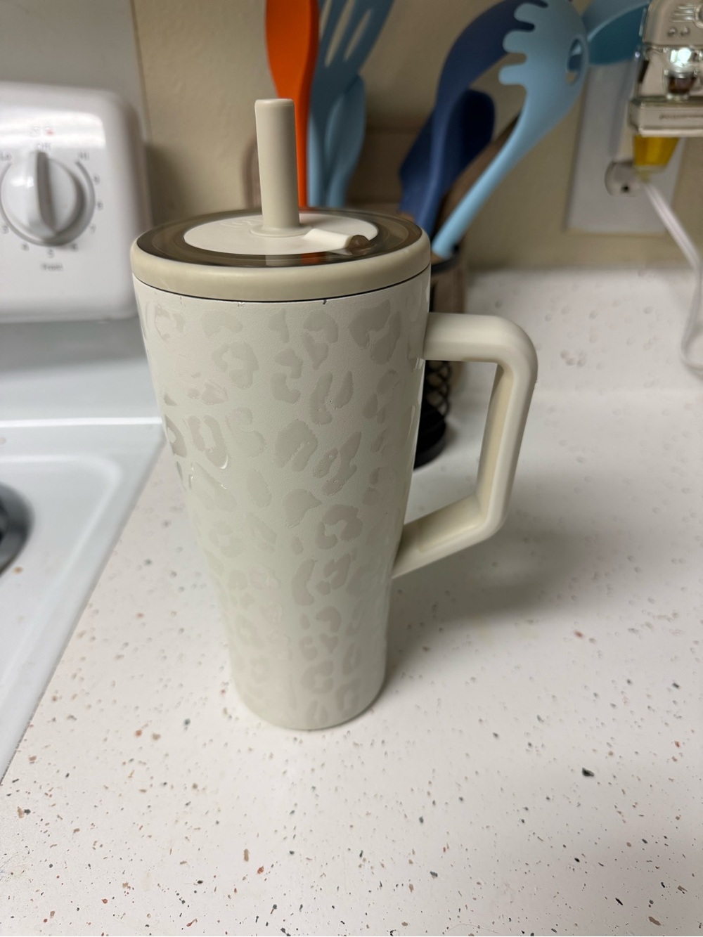 Neutral Leopard-Print Insulated Travel Mug with Handle - Beige